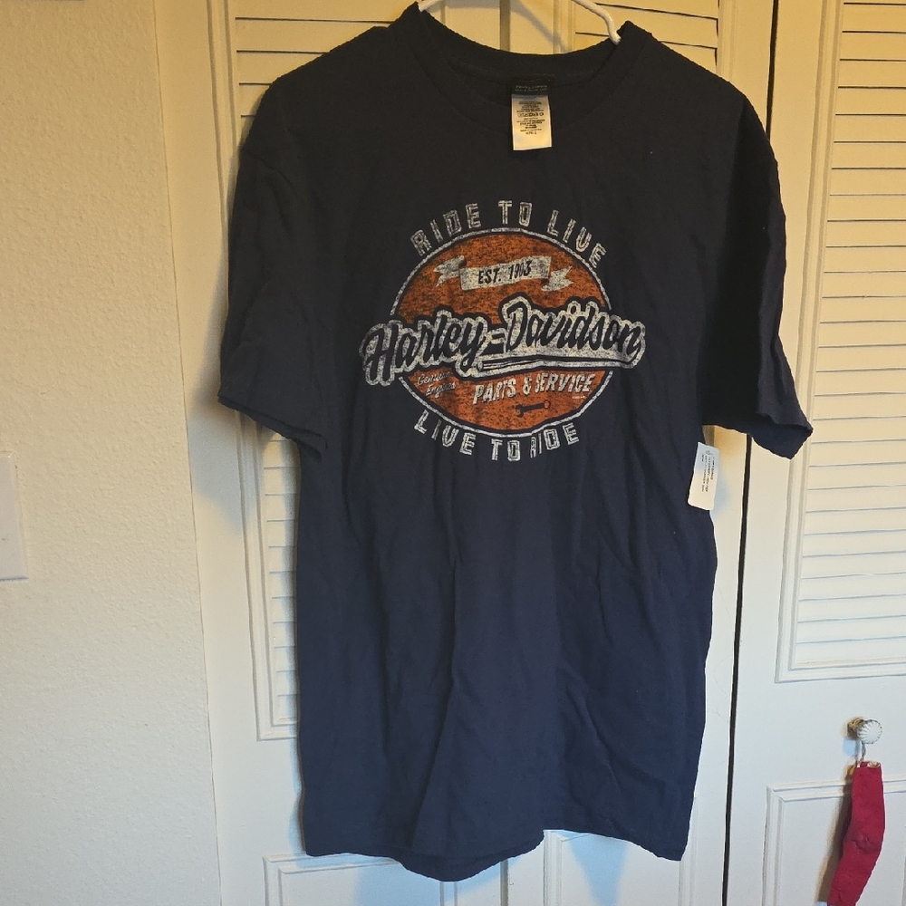 Harley-Davidson Men's Dark Blue Tee with Orange Logo